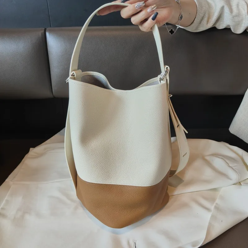 

Color Matching Soft Cowhide Bucket Bags Women Large Capacity Practical Shoulder Bag 2024 New Casual Commuter Bolsas Mujer