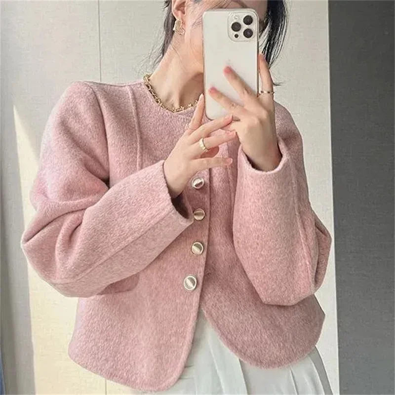 

Small Fragrance Woolen Coat Women Autumn Winter New Round Neck Outerwear Double-Sided Wool Jacket Design Sense Overcoat Female