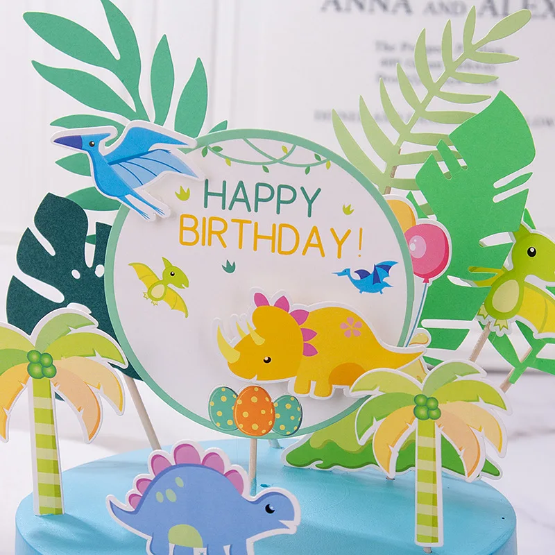 Dinosaur Cake Topper Flag Happy Birthday Wedding Decor Coconut Tree Leaf Cupcake Toppers Baking Kids Party Baby Shower Cake DIY