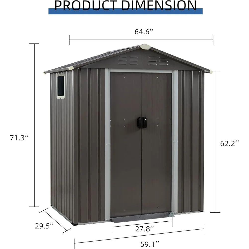 سقيفة تخزين خارجية معدنية مقاس 5 × 3 أقدام مع تصميم مقاوم للماء ونافذة وأبواب مزدوجة قابلة للقفل