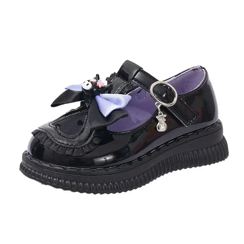 Girls Kuromi Casual Shoes Princess T-Strap Kids Cartoon Sanrio Leather Shoes for Party Wedding Children School Performance Flats