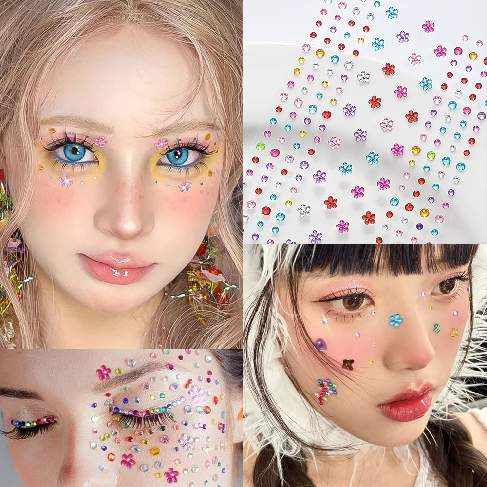 

1 sheet Flower Gems bead Stickers Rhinestones for Decorating Eye/Body/Face Acrylic Self Adhesive DIY Diamond Stickers for Girls