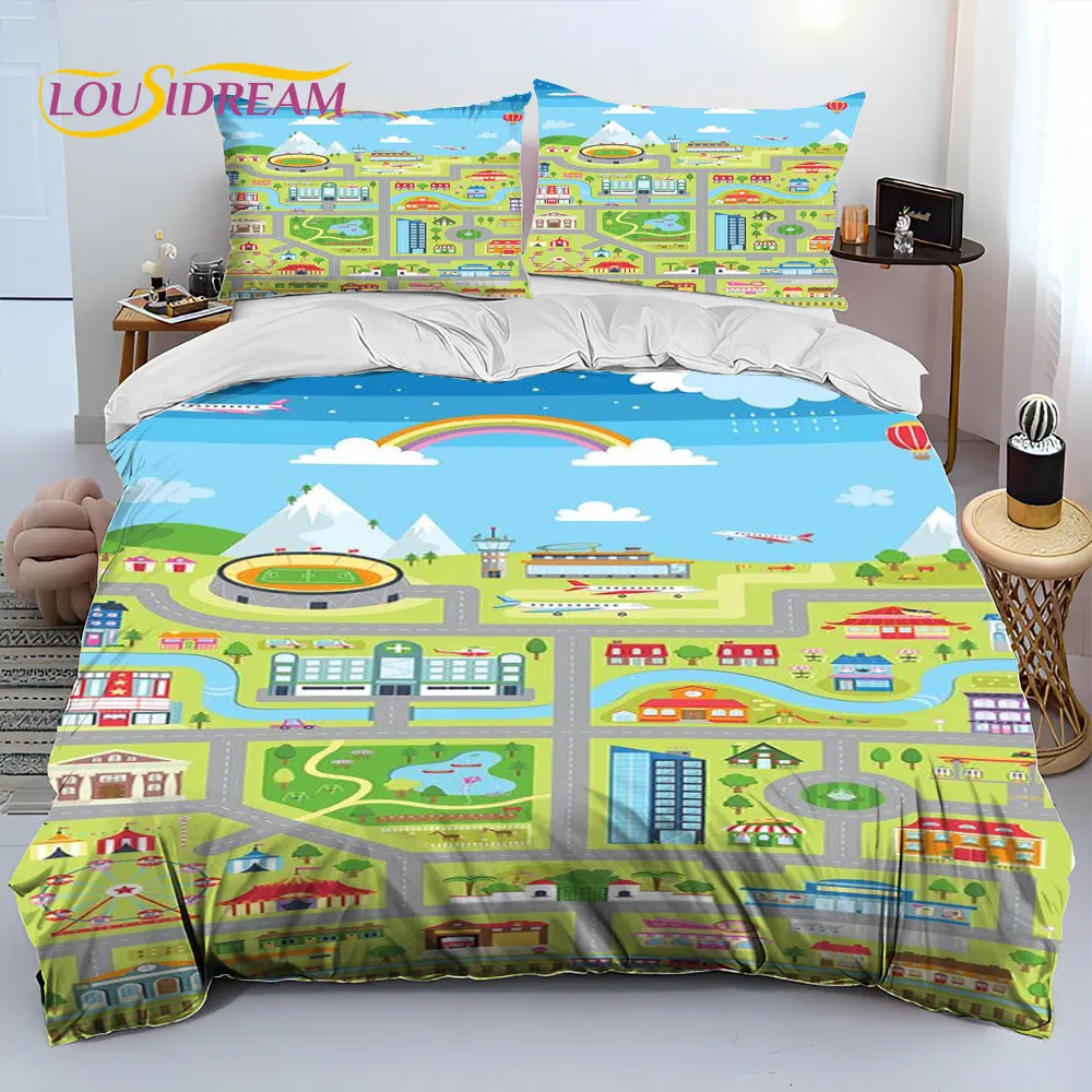 

Child Highway City Traffic Comforter Bedding Set,Duvet Cover Bed Set Quilt Cover Pillowcase,King Queen Size Bedding Set for Kids