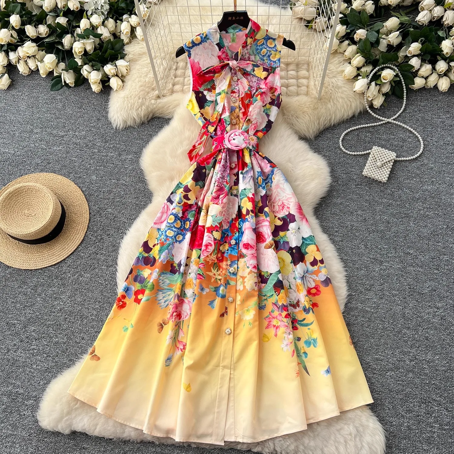 

Summer Fashion Gorgeous Flower Maxi Dress Female Sleeveless Bow Neck Bohemian Single Breasted Pearl Buttons Belt Chic Print Robe