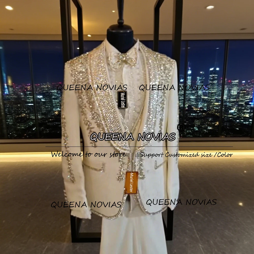 

Luxury Crystals Beaded Wedding Suits For Men 3 Pieces Set Sequins Label Groom Blazers Customized Red Groom Tuxedos Costume Homme