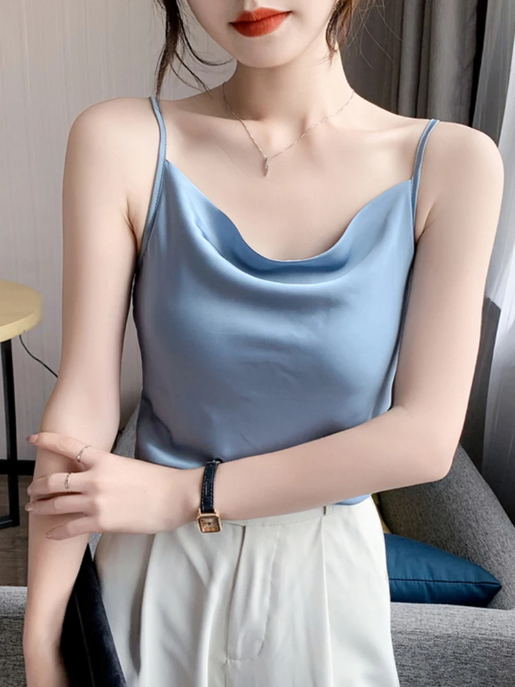 

Tank Tops 2024 Spaghetti Strap Top Women Halter V Neck Basic White Cami Sleeveless Satin Silk Tank Tops Women'S Summer Camisole