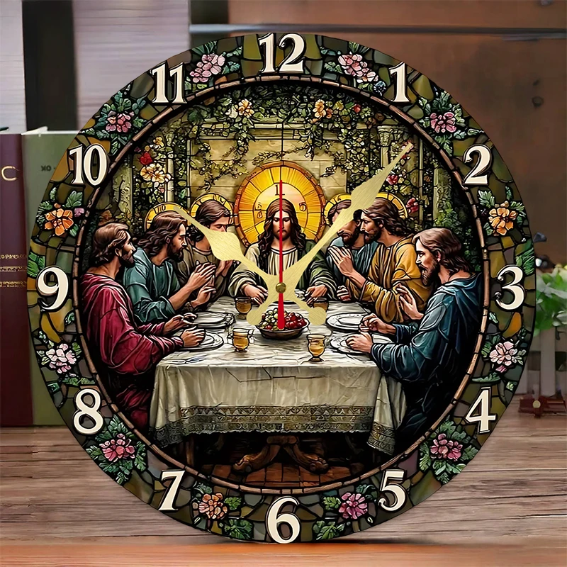 Last Supper Theme Wooden Round Silent Hanging Wall Clock, Suitable For Living Room, Office, Study Room, Bedroom, Home Decoration
