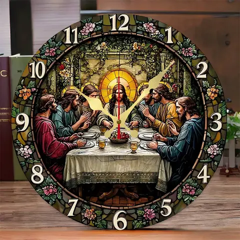 นาฬิกาแขวนผนังไม้ทรงกลมเงียบธีมการรับศีลมหาสนิท เหมาะสำหรับห้องนั่งเล่น สำนักงาน ห้องทำงาน ห้องนอน ตกแต่งบ้าน