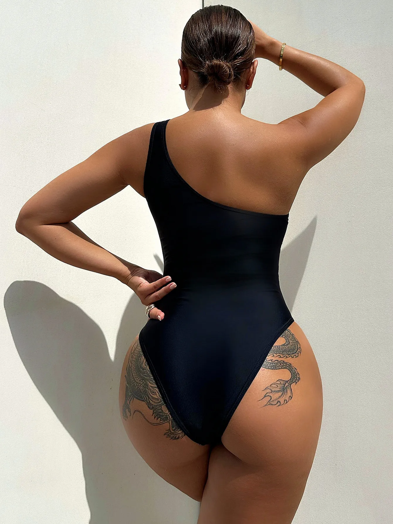 One Piece Swimsuit Black Mesh Stitching Bikini for Women Sexy One Shoulder Summer Beach Backless Bodysuit Monokini 2025 New