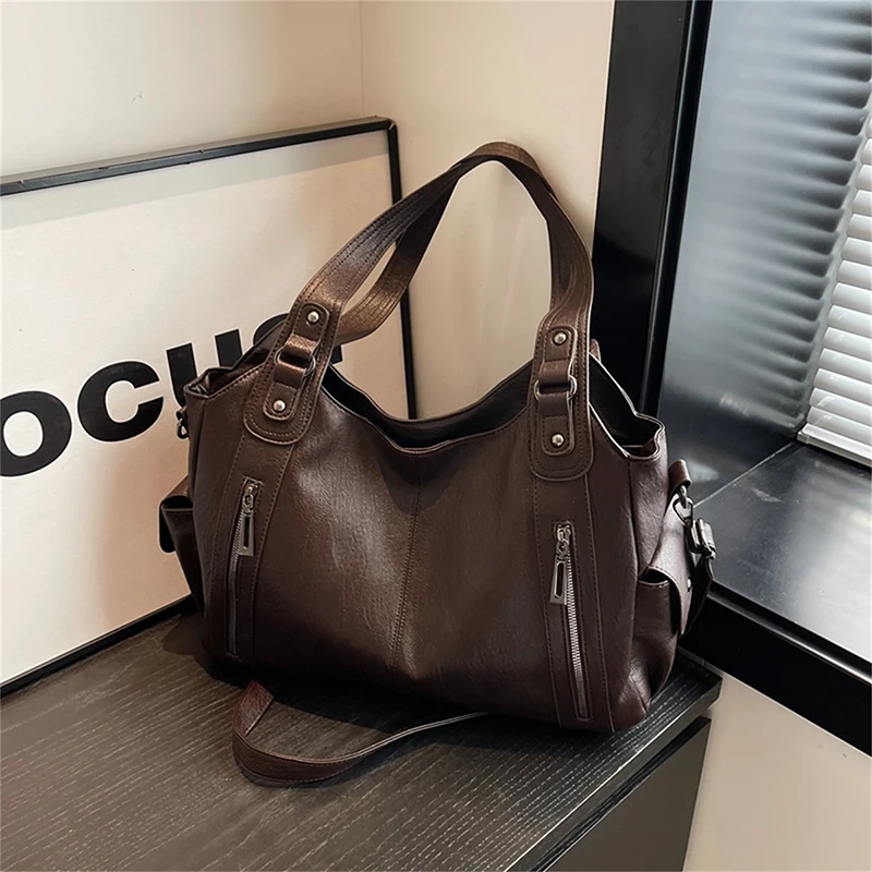 New Large Capacity Soft Leather Women\'s Handbag Fashion Trend Designer Women Shoulder Bag Simple Retro Female Travel Bags Sac