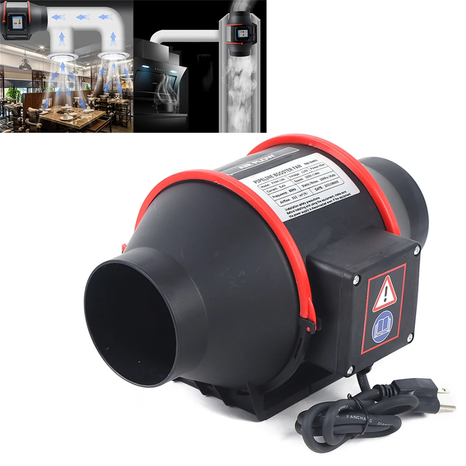 4-Inch Round Duct Fan Black For Kitchen, Barbecue Shop