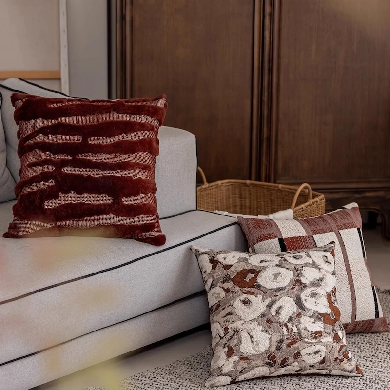Modern Retro Pillow Cover Set | Tufted Geometric Patchwork & Abstract Floral Cushion Cases | Warm Tone Wabi-Sabi Sofa Bedroom