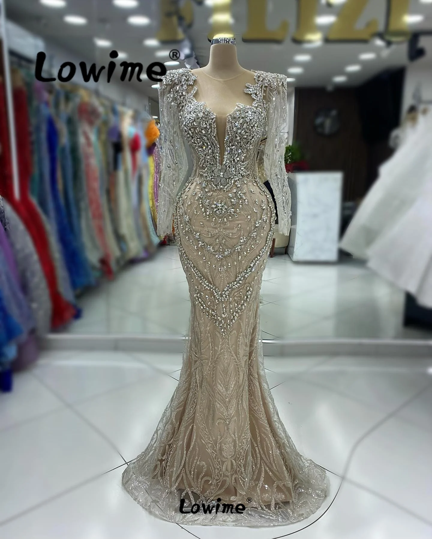 Sparkly Crystals Evening Dresses Long Sleeves Luxury Prom Dress 2024 Aso Ebi Mermaid Party Second Reception Gowns Champagne Robe