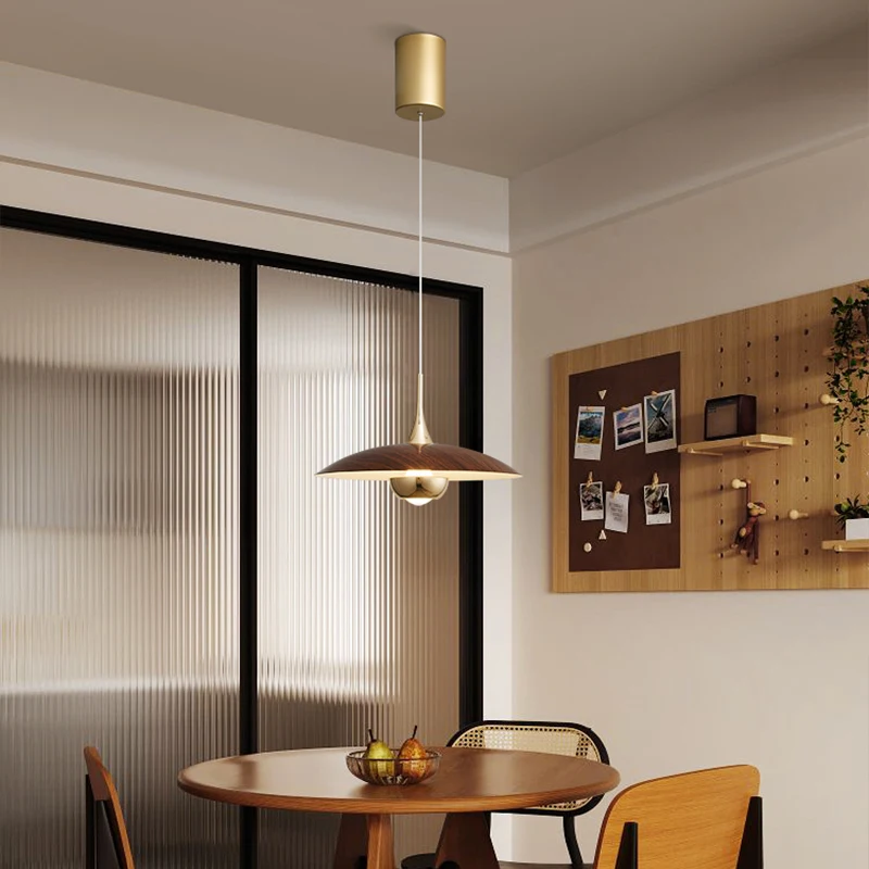 Bedroom Pendant Light Antique Style Walnut Wood Grain Dining Table Bar Lighting Retro High-end Adjustable Dining Room LED Light