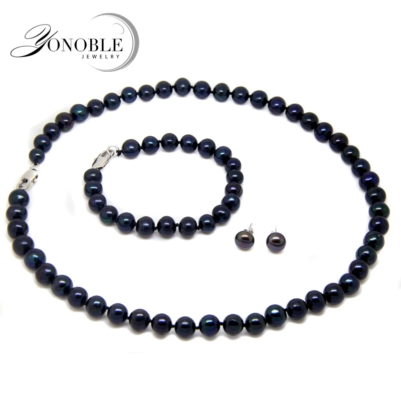

Свадебный комплект ожерелья и браслетов из натурального пресноводного черного жемчуга, трендовый комплект ожерелья из серебра 925 пробы с жемчугом для девочек, подарок на годовщину матери