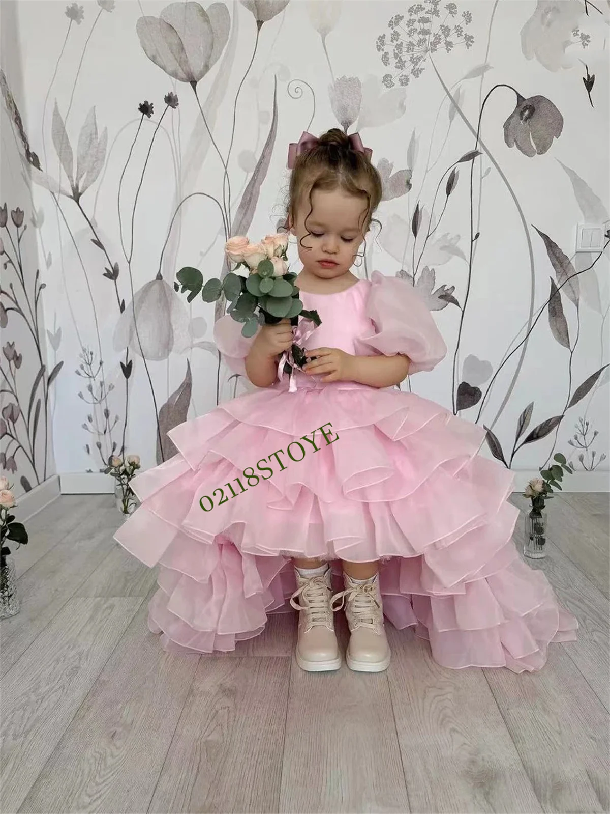 Lovely Flower Girl Dress For Wedding Pink Short Sleeve Layerted Ruffles With Bow Bridesmaid Birthday Celebration Eucharist Dress