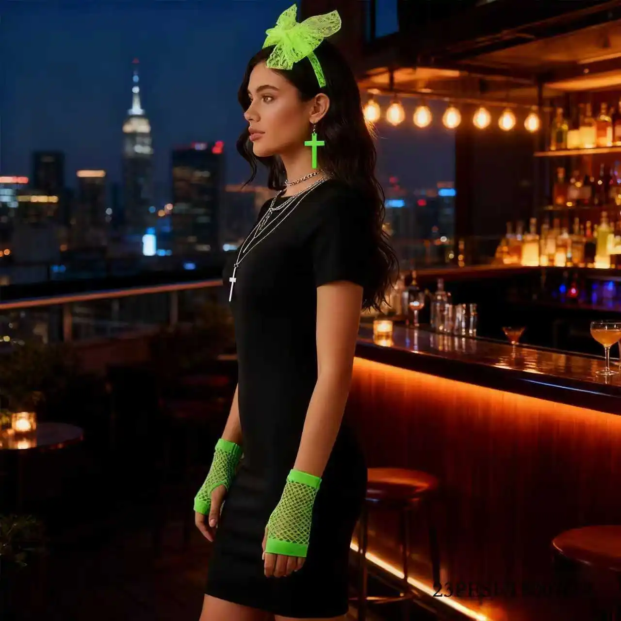 PESENAR personagem dos anos 80 vestir-se cabeça verde fluorescente fivela colar brincos pulseira luvas cinco peças