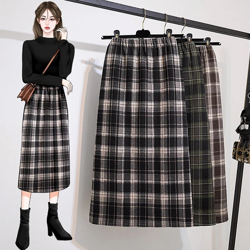 

Autumn Winter Vintage Woolen Plaid Long Skirts Women Hight Waist Large Size 4XL A Line Black Green Coffee Korean Style Clothes