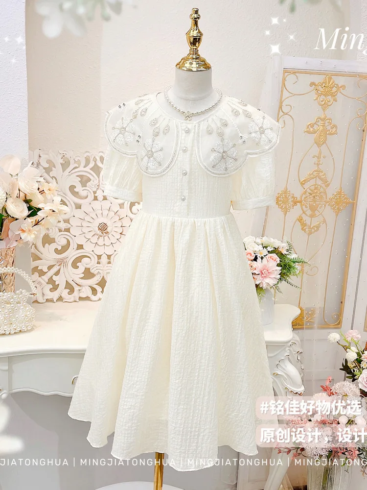 

White lapel pearl buckle girls dress robe enfant fille de luxe enfant fille princess dresses robe marie vestido longo sukienki