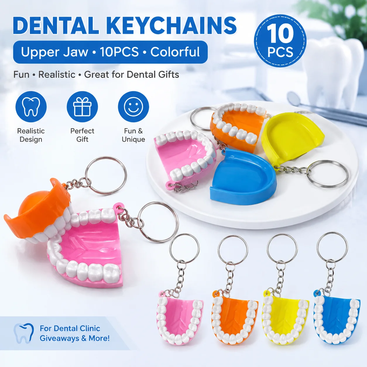 10pcs/lot Tooth Shaped Keychain Dental Simulation Tooth Pendant Keychain Dental Decorative Accessories Dentist Clinic Gift
