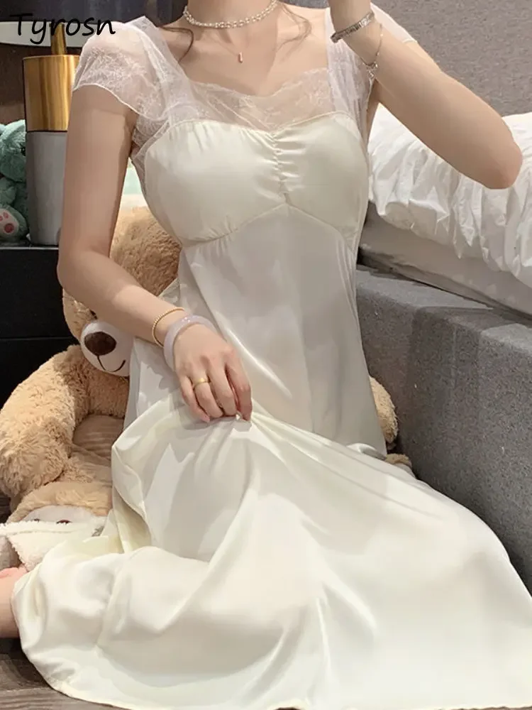 

Midi Nightgowns Women Sexy Temperament Cozy Minimalist Pure Retro Design Summer Sleeveless Sleepwear Korean Style Ladies Tender