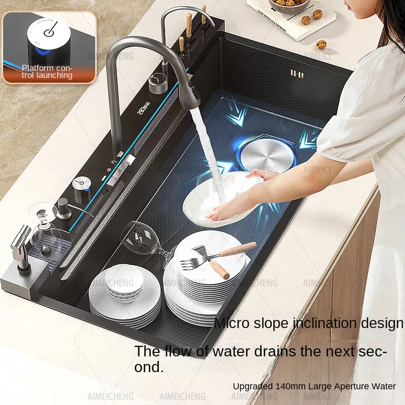 304 Stainless Steel Kitchen Waterfall Sink Digital Display Large Single Sink Dish Basin Sink With Multifunction Touch Waterfall