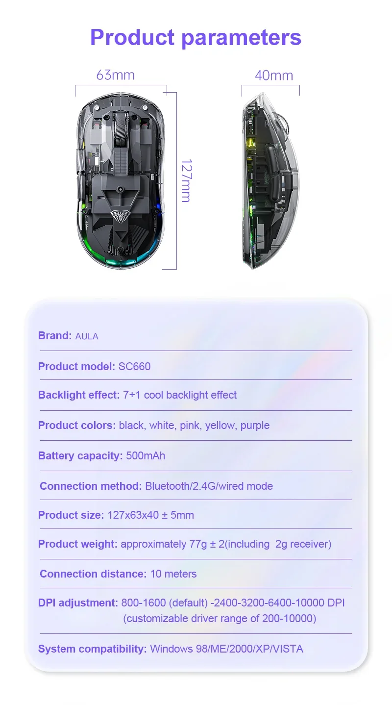 SC660 6D 10000 ديسيبل متوحد الخواص RGB ضوء الخلفية قابلة للشحن جودة ماوس الألعاب الشفاف ثلاثي الوضع اللاسلكية والسلكية الخلفية الخفيفة #5