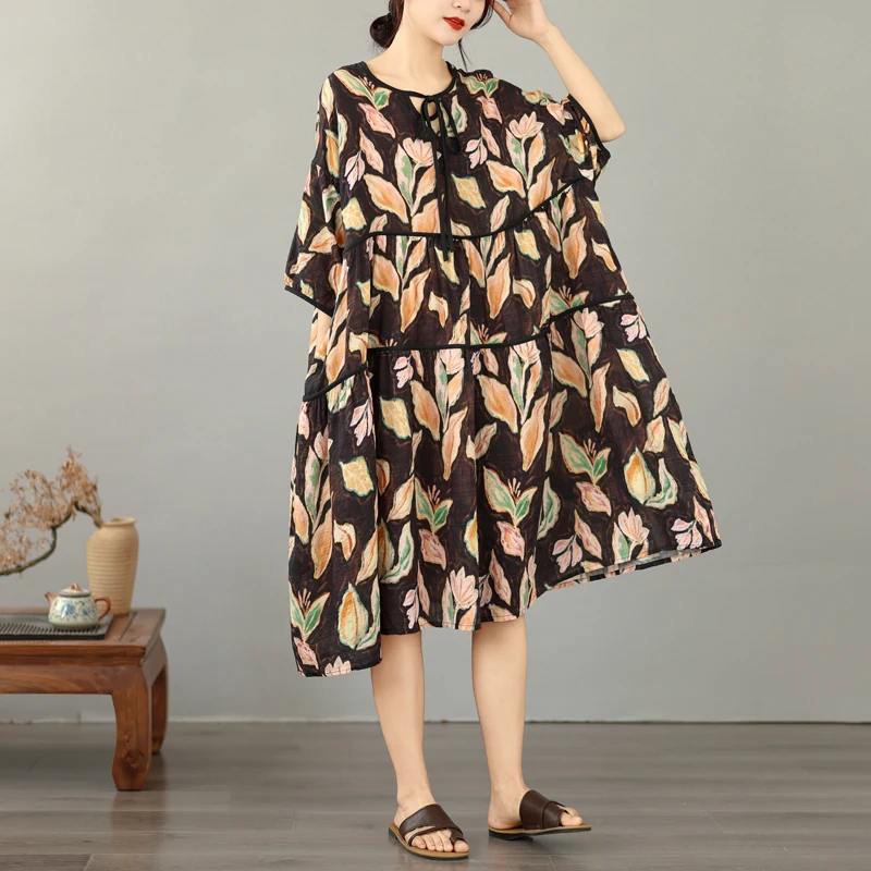 

Summer Large Size Cotton Linen Print Collar Rope Loose Elegant Slimming Versatile Dress Artistic Style High Waist A-Line Skirt