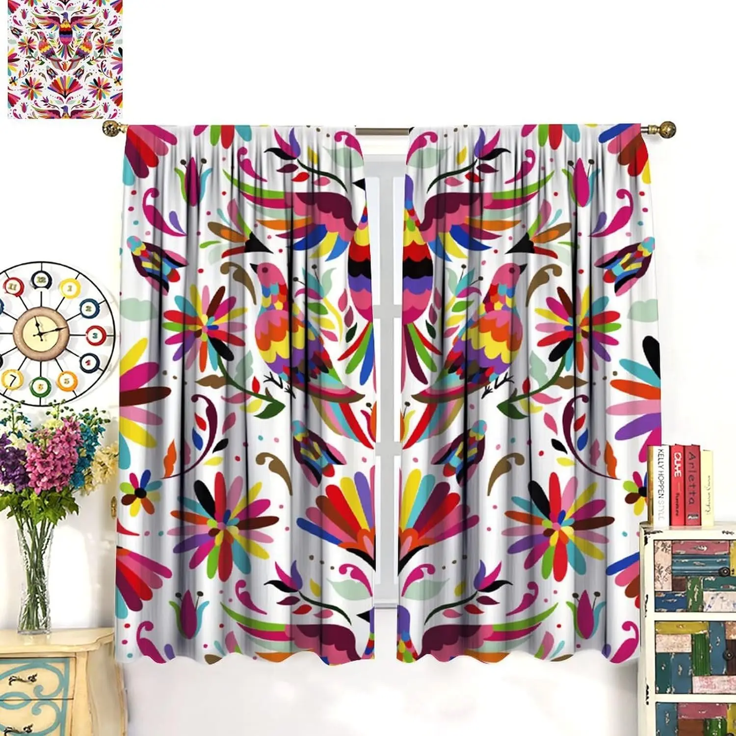 Mexican Decor Window Curtain, Mexico Green Flower Boho Floral, American Art Natural Inspirations Flowers And Birds for Home