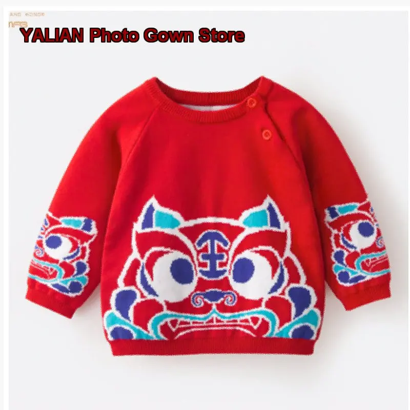 Infant Kids Pure Cotton Round Neck Pullover Sweater Boys Chinese Style Spring Autumn
