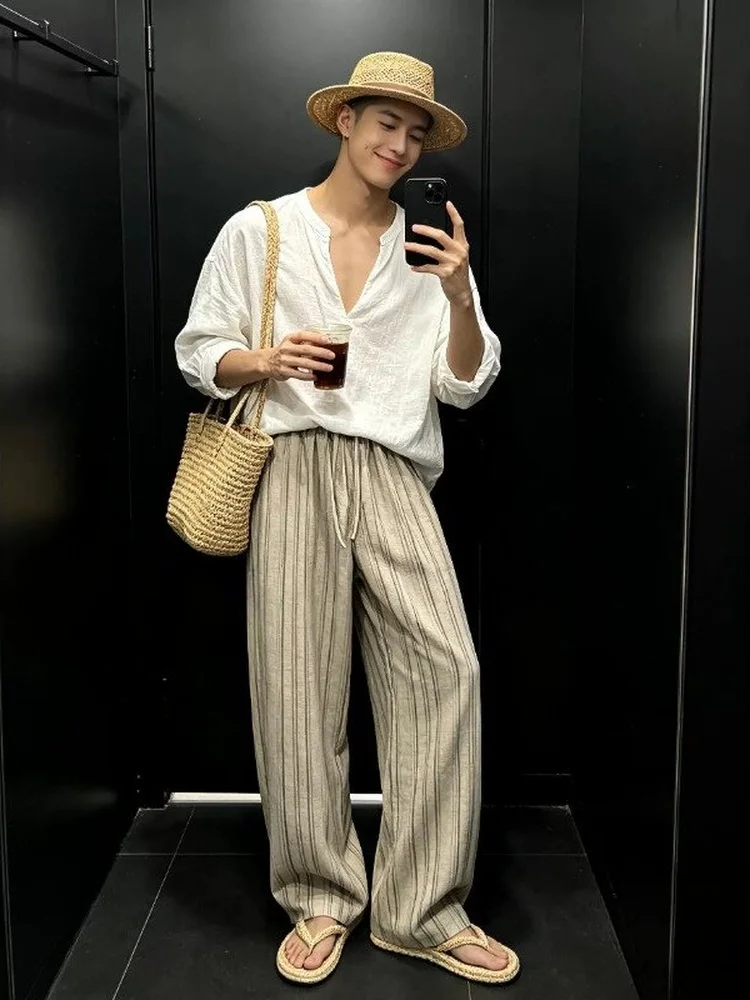Casual Men's Summer Wide Leg Pants Loose Feel Stripe Pattern Lazy Vacation Style Loose Fit Comfortable Leisure Trousers
