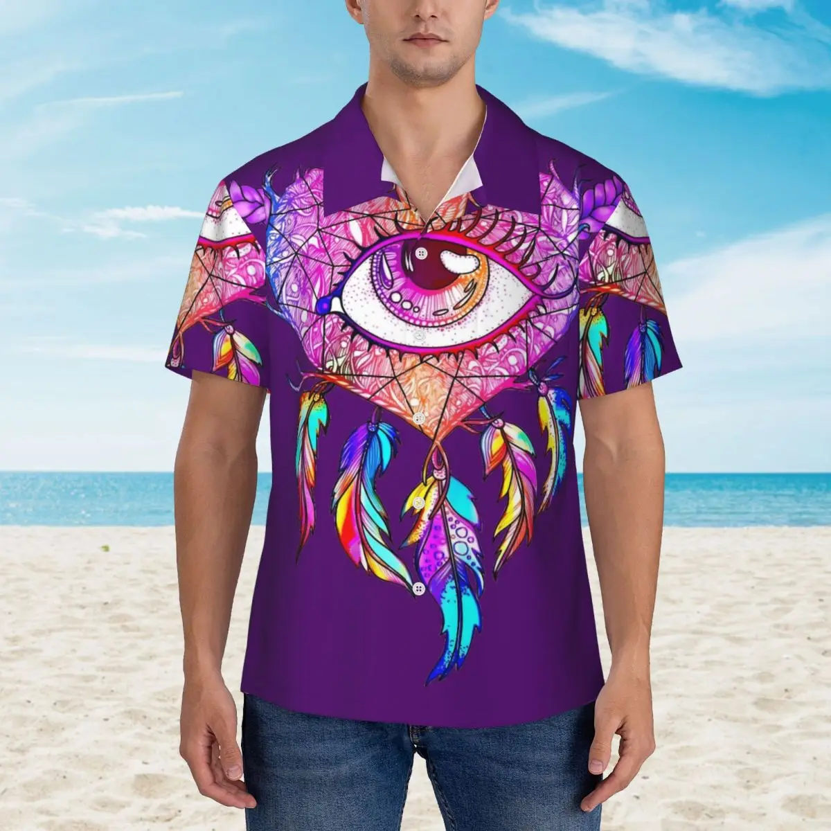 Dream Catcher Vacation Shirt Heart Print Hawaiian Casual Shirts Male Vintage Blouses Short-Sleeve Streetwear Graphic Clothing