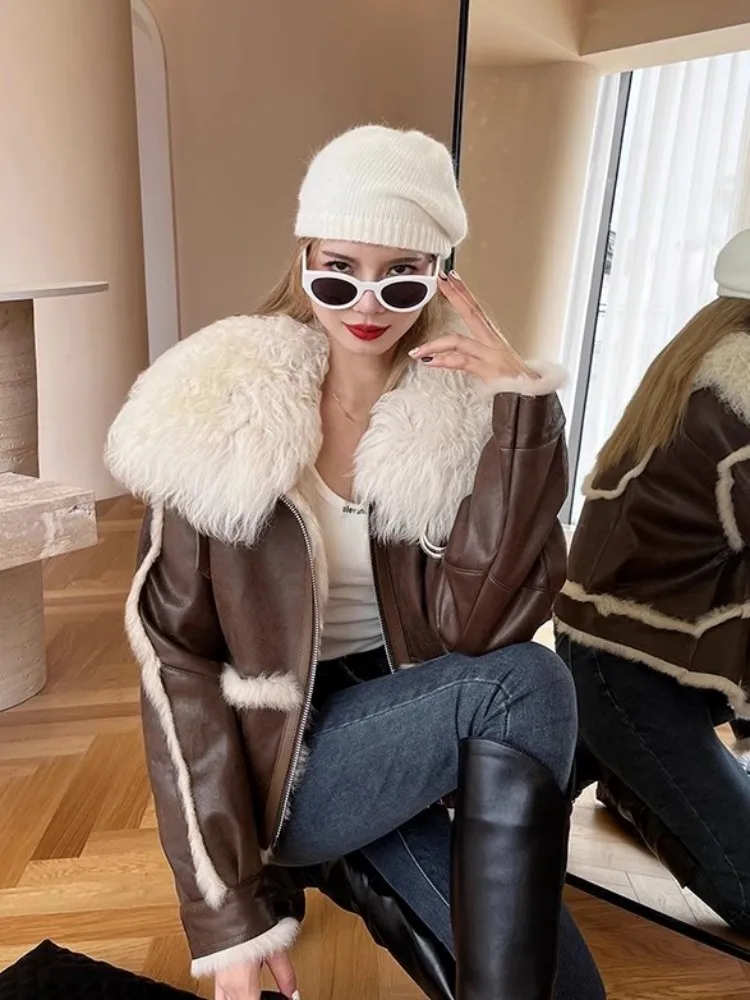 Fashion Warm Real Rabbit Fur Liner Women Motorcycle Jacket Casual Zip Wool Collar Long Sleeve Winter New Ladies Short Overcoat