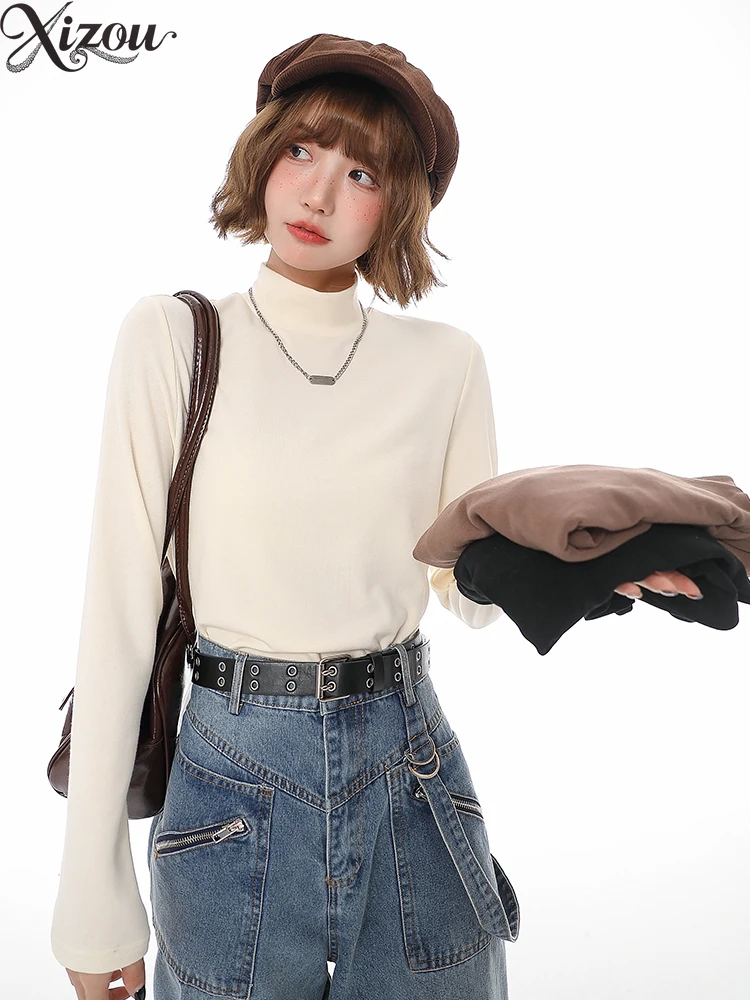 2025 женский осенне-зимний пуловер, свитера на флисовой подкладке, вязаная водолазка с воротником и длинным рукавом, толстый облегающий флисовый однотонный ям