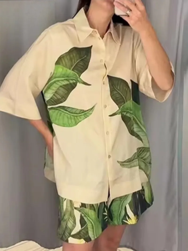 

Vacation 2 Piece Set Elastic Waist Loose Shorts Sets For Women 2 Piece Print Short Sleeve Shirt Tops Set Daily Women Outfit