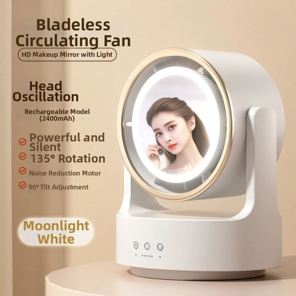 

Oscillation Makeup Mirror with Fan 5 Speed Rechargeable LED Light Mirror Fan Wide Angel Airflow Desktop Fan for Home and Travel