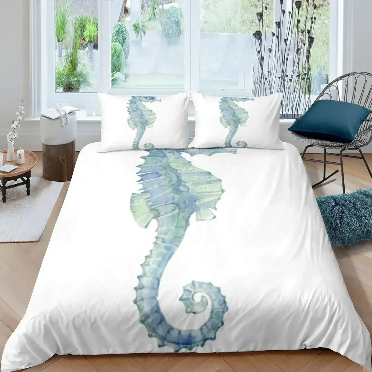 Ocean Animal Duvet Cover Set, Coral Marine Life Home Textile Sea Urchin Soft Quilt Cover, Cute Seahorse King Size Bedding