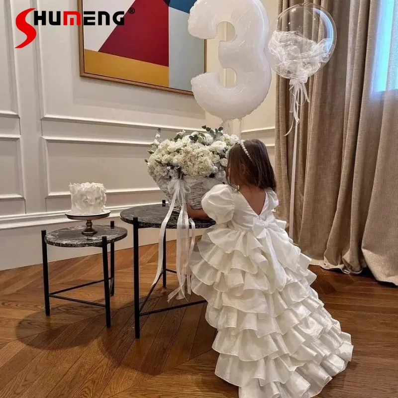 

Праздничное платье принцессы для девочек, роскошное, элегантное, с цветочным узором, длинное, с коротким рукавом, для свадьбы и подиума