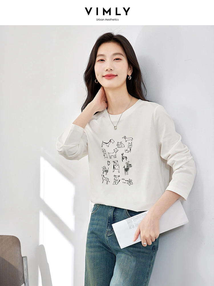 VIMLY Women\'s Simple Commuter White T-shirt Autumn New Casual  Round Neck Cotton Long Sleeve Animals Cartoon Printed Blouse Top