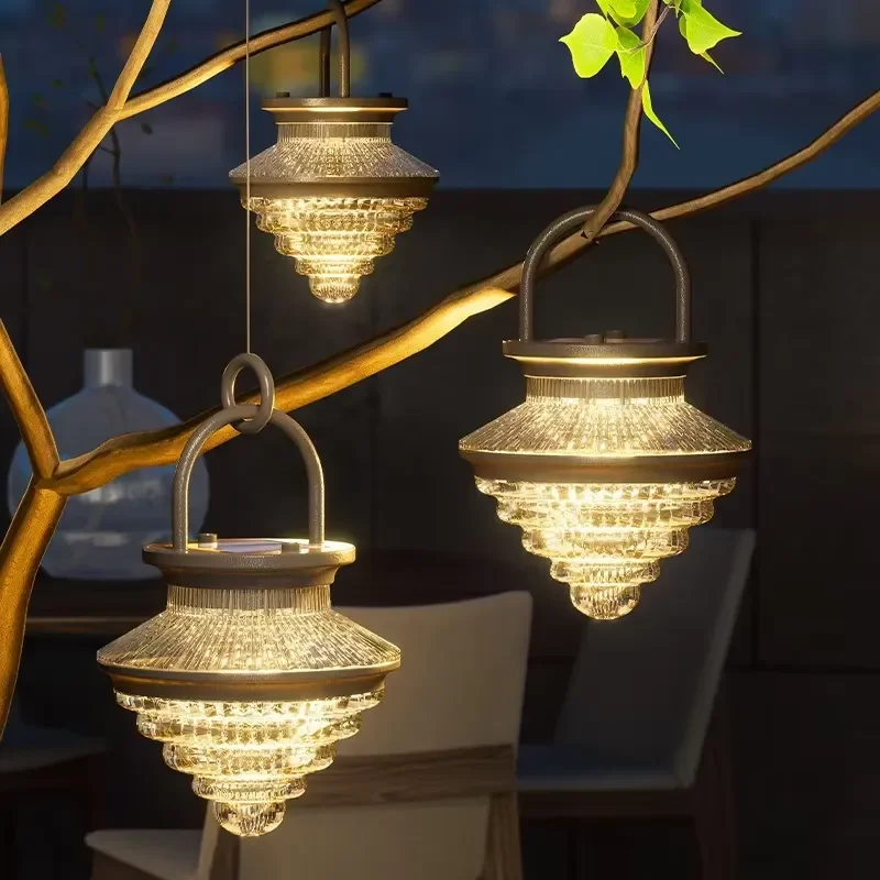 Solar-Powered Rechargeable IP65 Waterproof Acrylic Hanging Light for Garden Balcony Decor Three-Color Adjustable LED Light