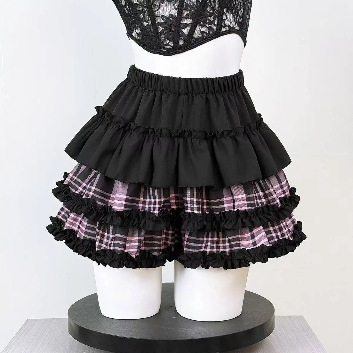 Y2K Vintage Lolita Prinzessinnenrock Damen Japanischer Süßer Spitzen-Rüschenrock mit Hoher Taille A-Linie Tüll-Minirock Streetwear