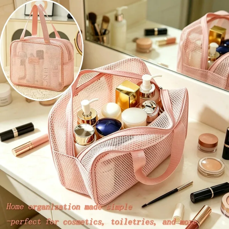 Durable Solid Color Mesh Cosmetic Bag Space Saving Large Capacity Makeup Pouch Lightweight Toiletry Storage Handbag for Outdoor