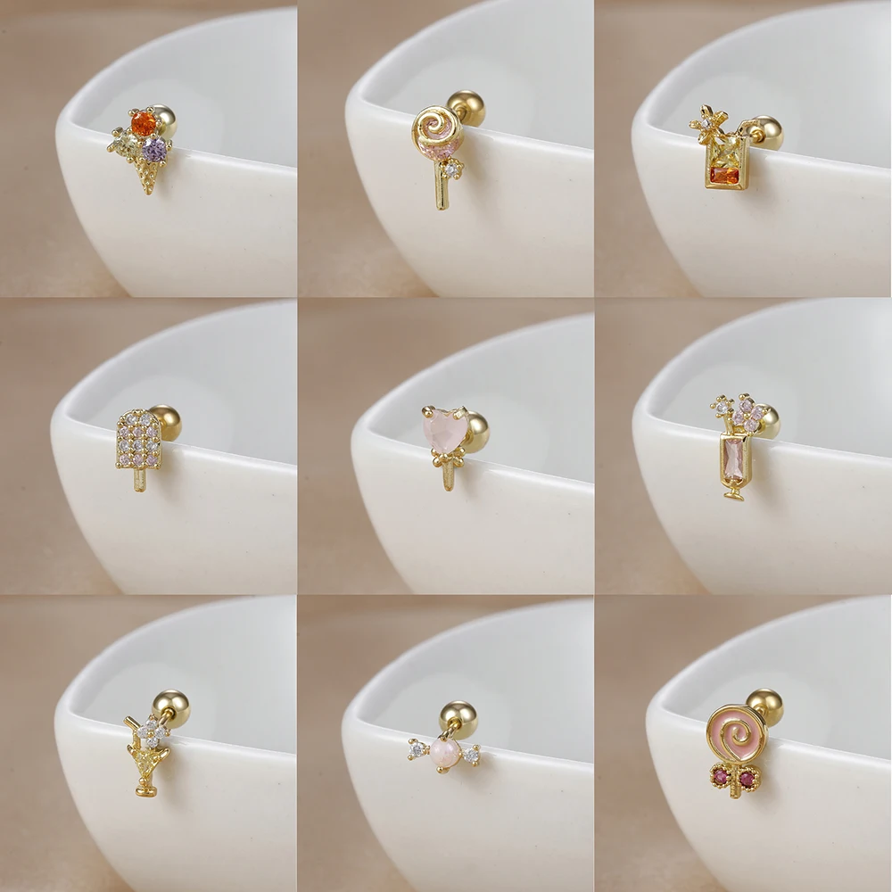 1Piece Fashion Multicolor Crystal Zircon Ice Cream Stud Earrings for Women Fashion Mini Stainless Steel Tragus Piercing Jewelry