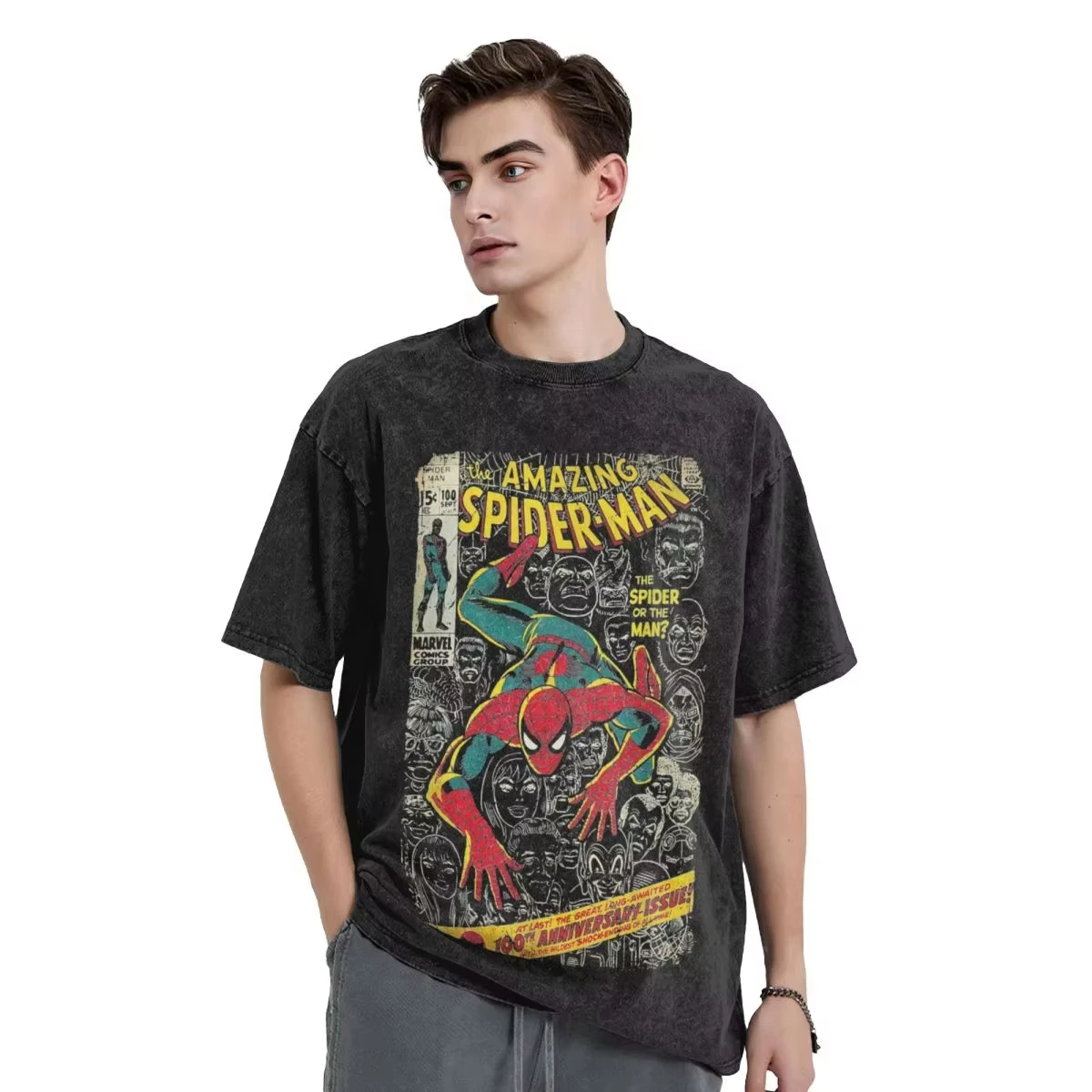 

Marvel Retro Spider-Man Comic T-shirt Product Spider-Man Loose T-shirt Men's Women's T-shirt Washed and Old Short-sleeved Couple
