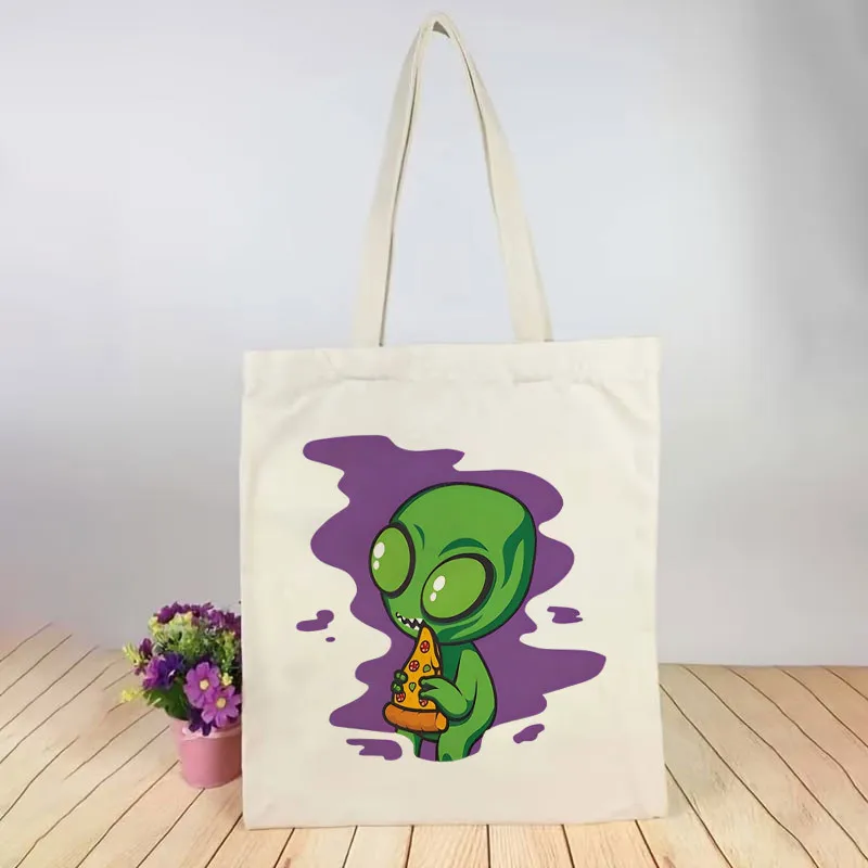1 Printed Canvas Bag, Alien Eating Pizza Theme Unisex Breathable Trucker Driver Portable White Crossbody Bag with Closure. Suita