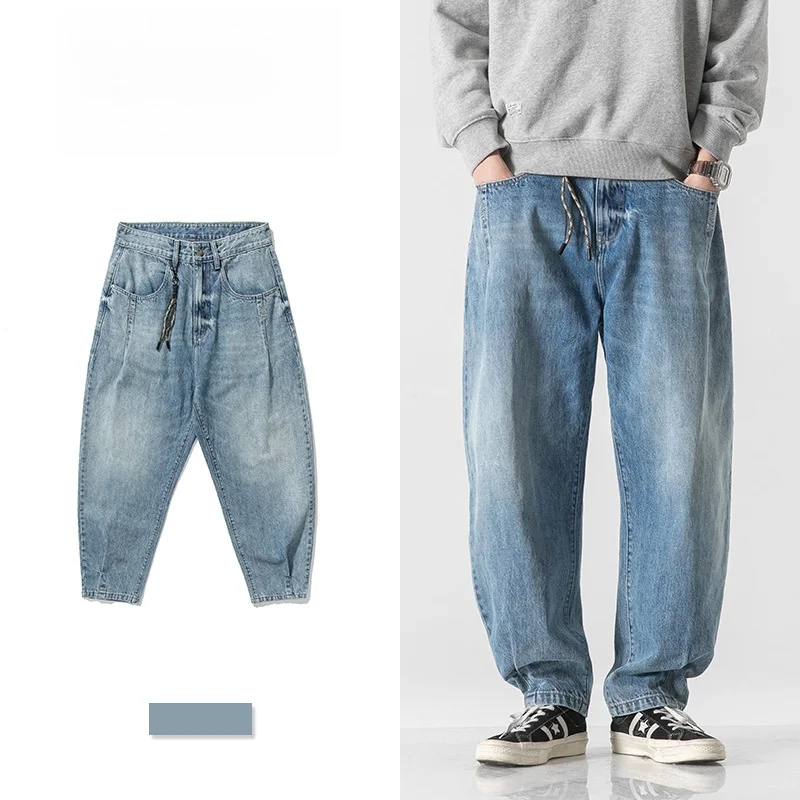 

Washed Blue Jeans Men's Casual Loose Fit Straight Leg Jeans Spring Autumn Street Style Vintage Japanese Influenced Long Pants