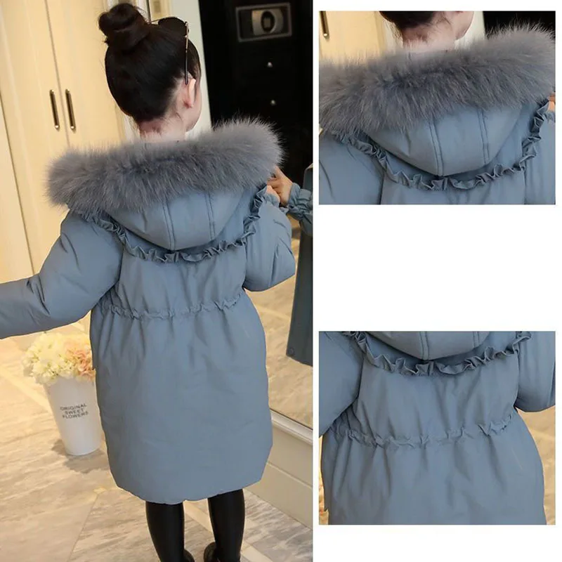 Winter Warm Jackets for Girls Two Colors Faux Fur Hooded Coat Kids White Duck Down Parkas Children Cotton Long Outwear