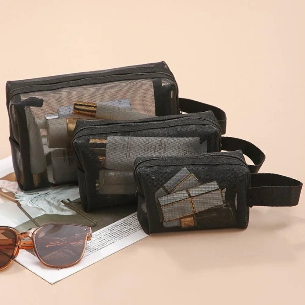 3PCS/SET Solid Color Mesh Cosmetic Bags Large Capacity Multifunctional Transparent Makeup Bags Toiletry Bag Zipper