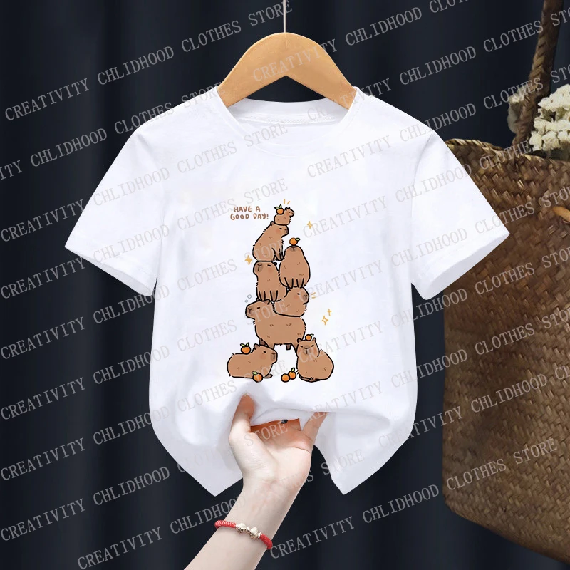 Capybara T-shirt 2024 Children Clothes Kids Tee Top Summer Casual Clothing Boutique Boy Girl Fashion Gifts