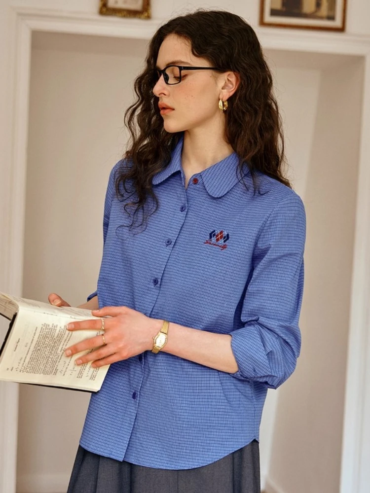 OLrain เสื้อเชิ้ตลายสก๊อตผู้หญิง 2025 ฤดูใบไม้ร่วงเย็บปักถักร้อยแขนยาวรอบคอเสื้อผ้าฝ้ายเสื้อกระดุมแถวเดียว O57QC001285